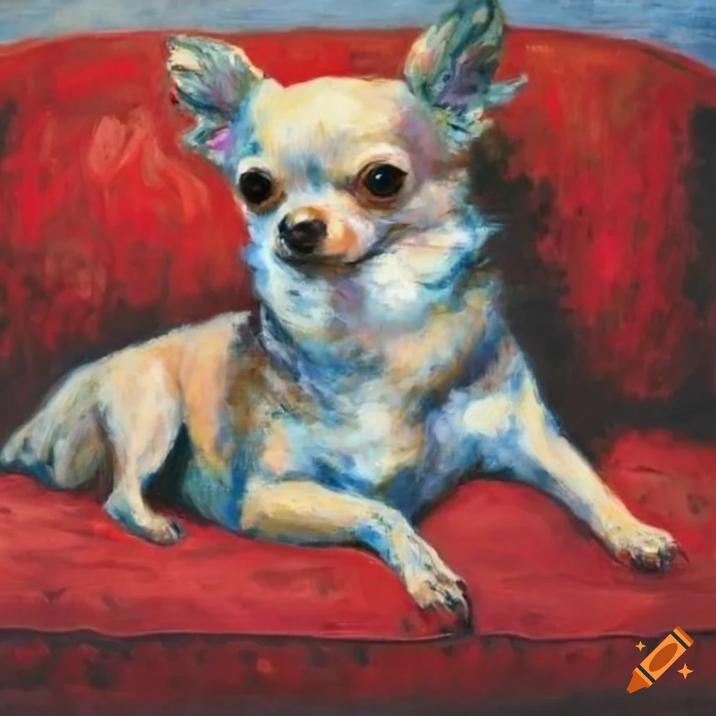 painting of a chihuahua on a red couch