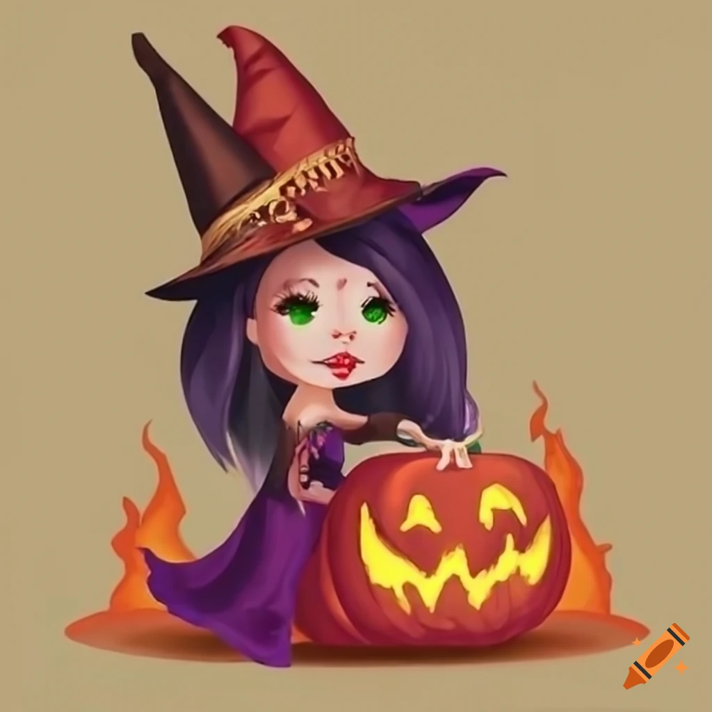 stunning image of a witch with a flaming pumpkin