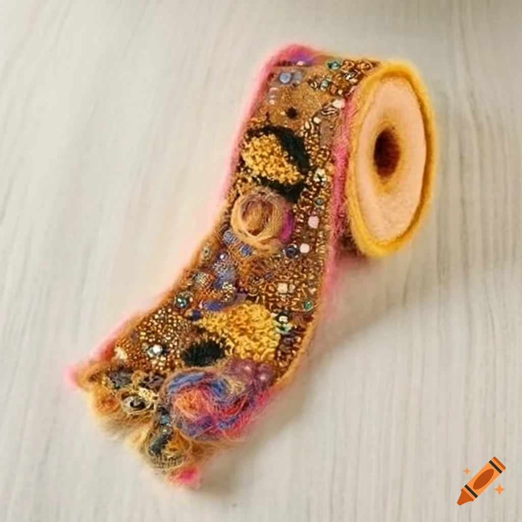 ornated punch needle wool ribbon with rhinestones