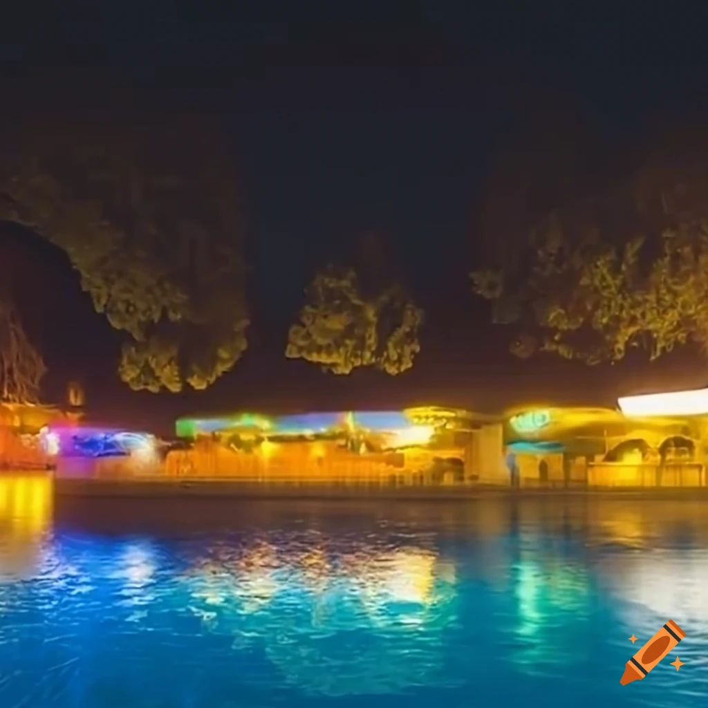 night view of an 80s waterpark with yellow highlights