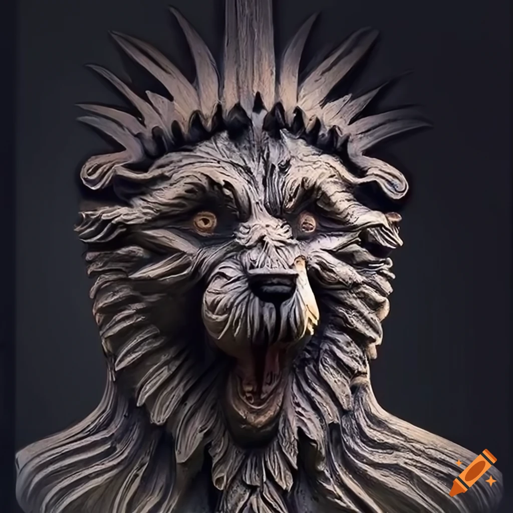 detailed moth werewolf carving in architectural style