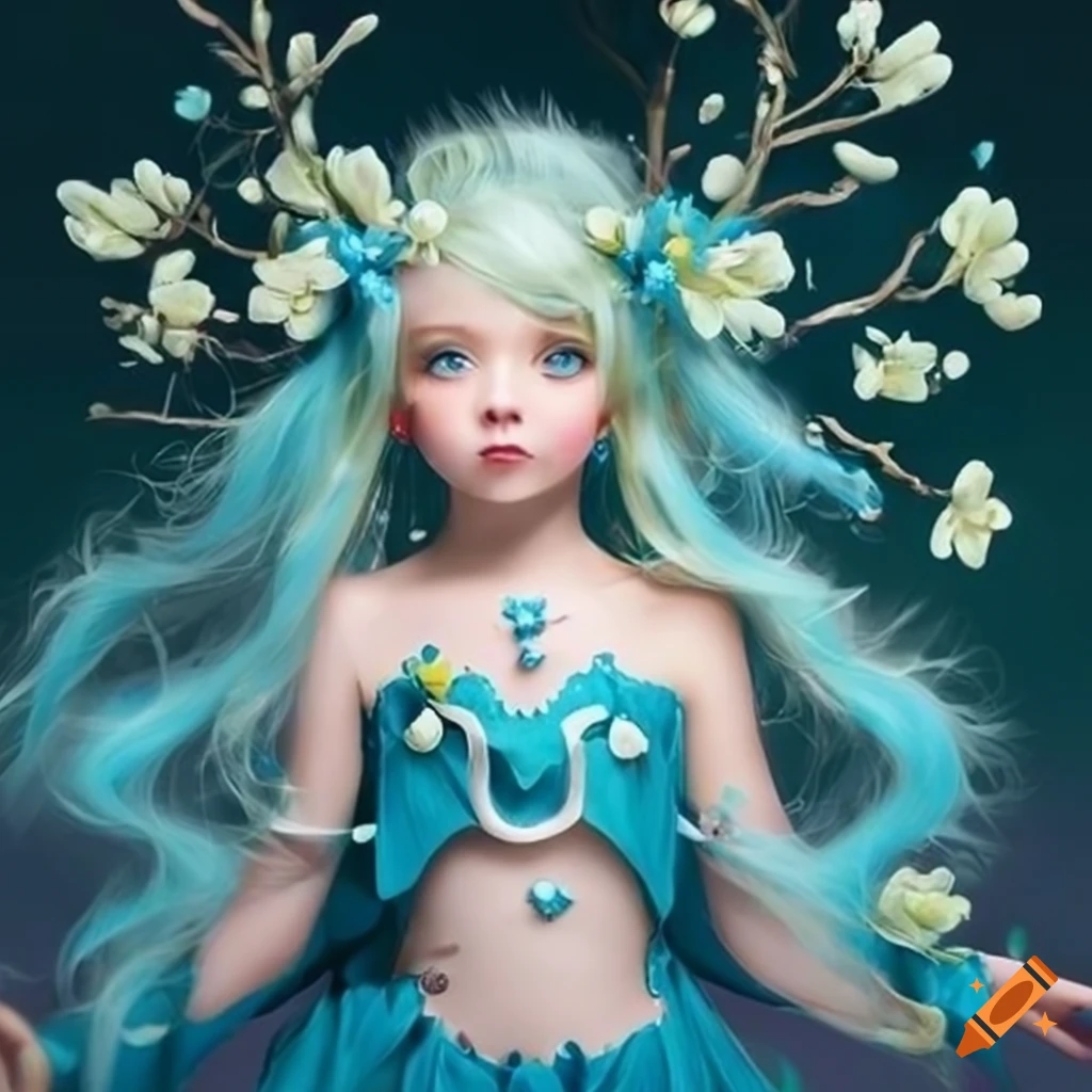 blue themed magical girl with blonde hair and nature elements