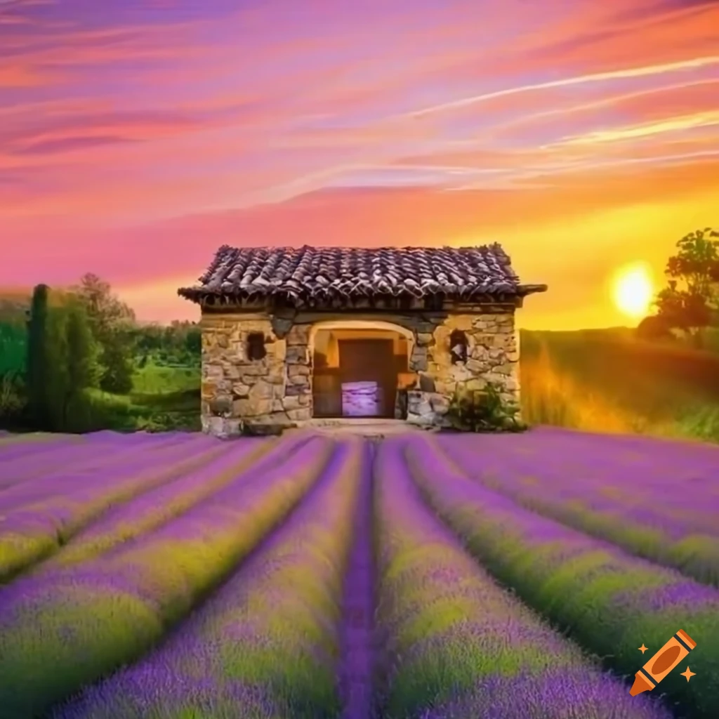 Mediterranean-style patio with fireplace surrounded by sunflowers and lavender
