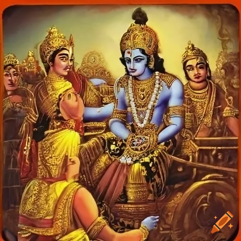 illustration of Krishna teaching Arjuna during the Mahabharata war