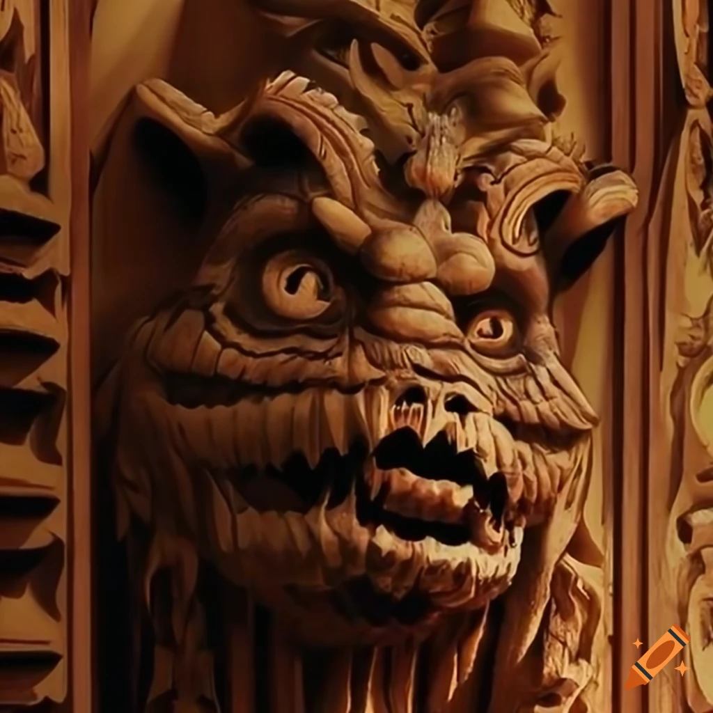 detailed moth werewolf carving in architectural style