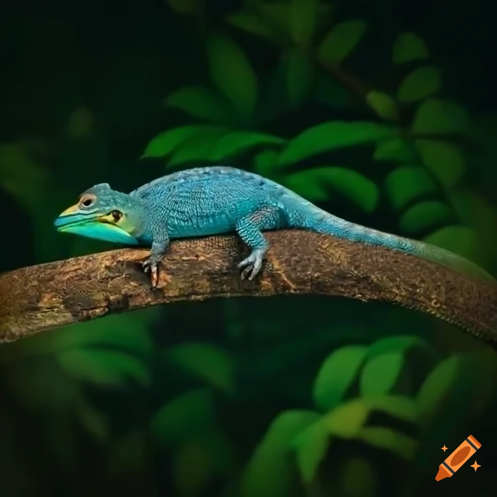 realistic lizard with bird-like feathers on a tree