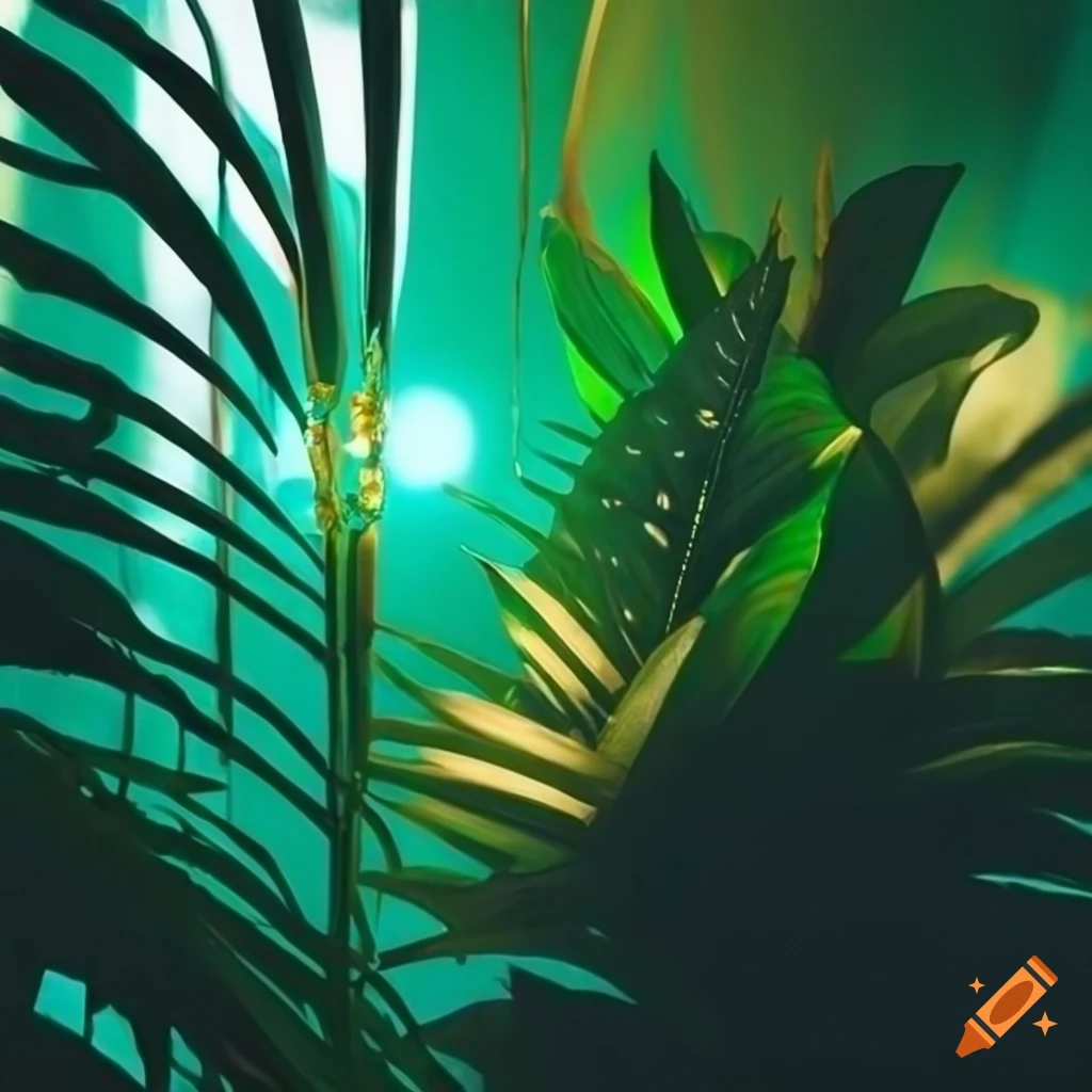 tropical plants with blinding headlights in background