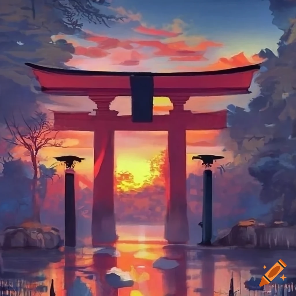 sunset with red maple tree and Japanese temple