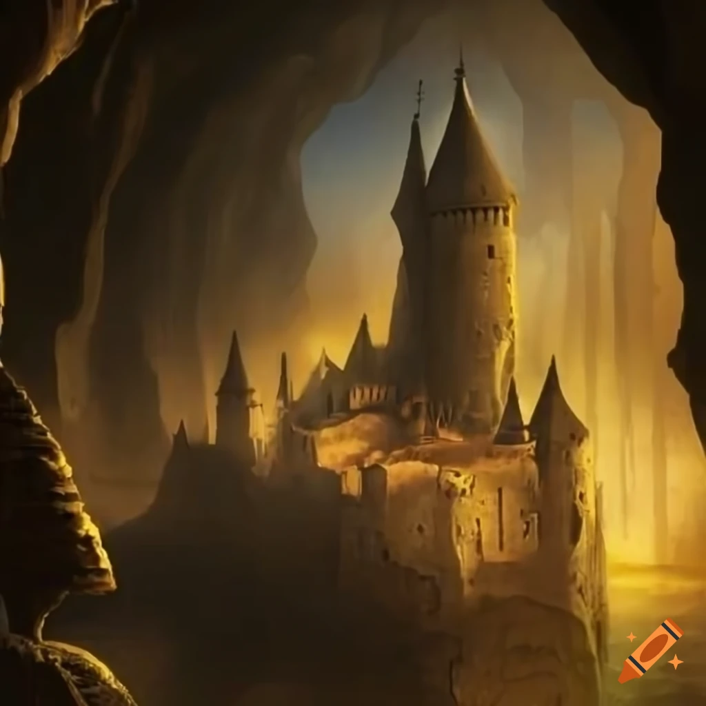 medieval fantasy castle hidden in an underground cave