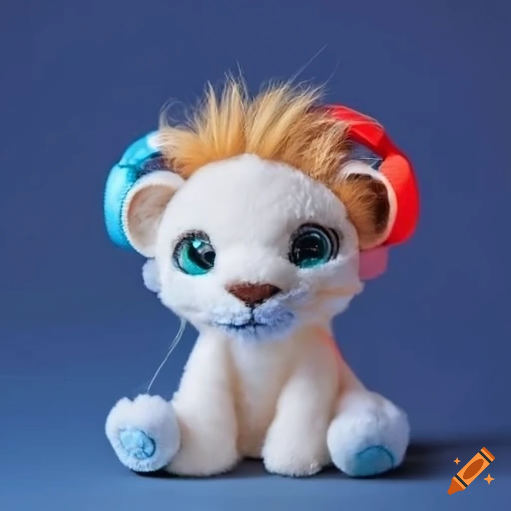 white plushy lion wearing headphones