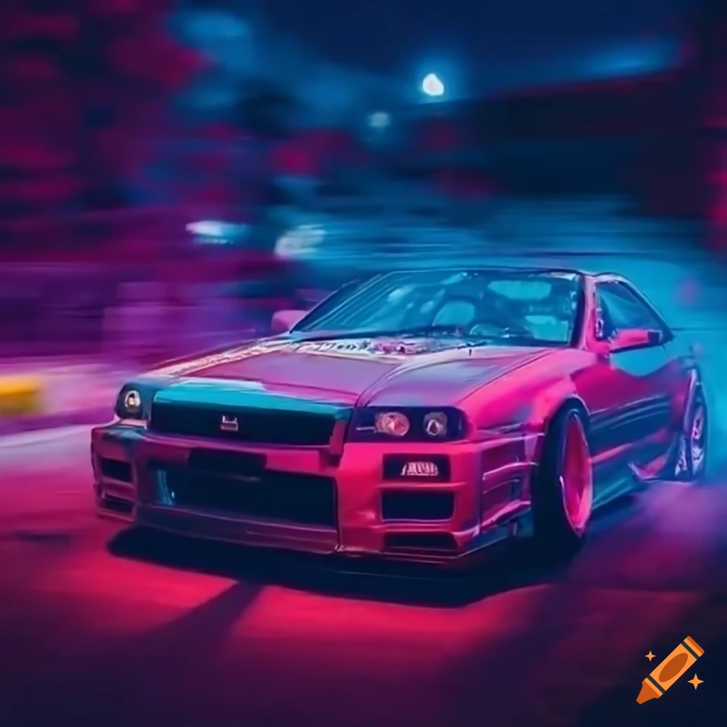 drifting Nissan Skyline R34 in Tokyo at night
