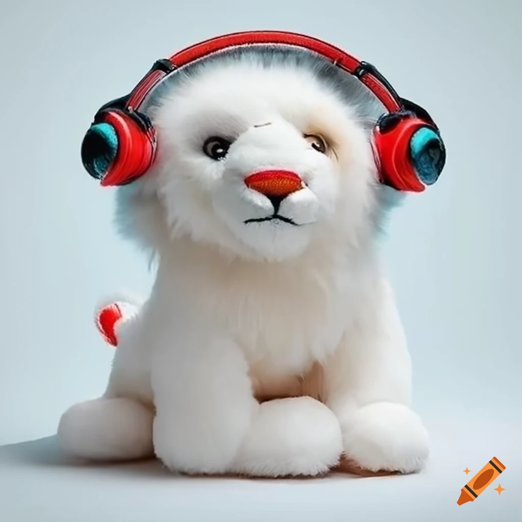 white lion plush toy with headphones