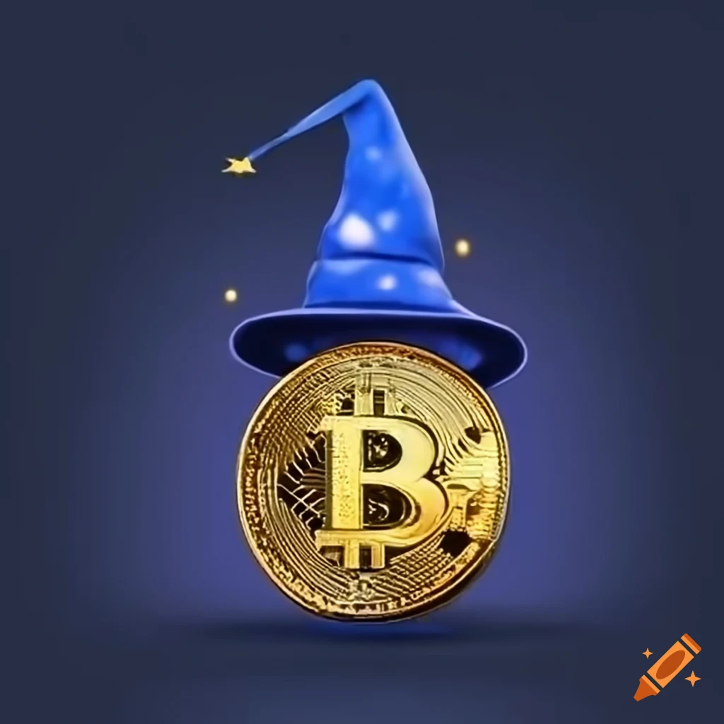 Image of a golden bitcoin with a wizard hat on Craiyon