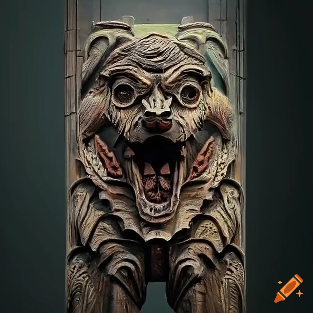 detailed moth werewolf carving in architectural style