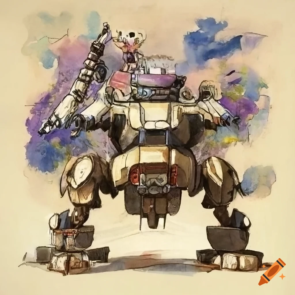ink and watercolor concept art of a cat-themed mech