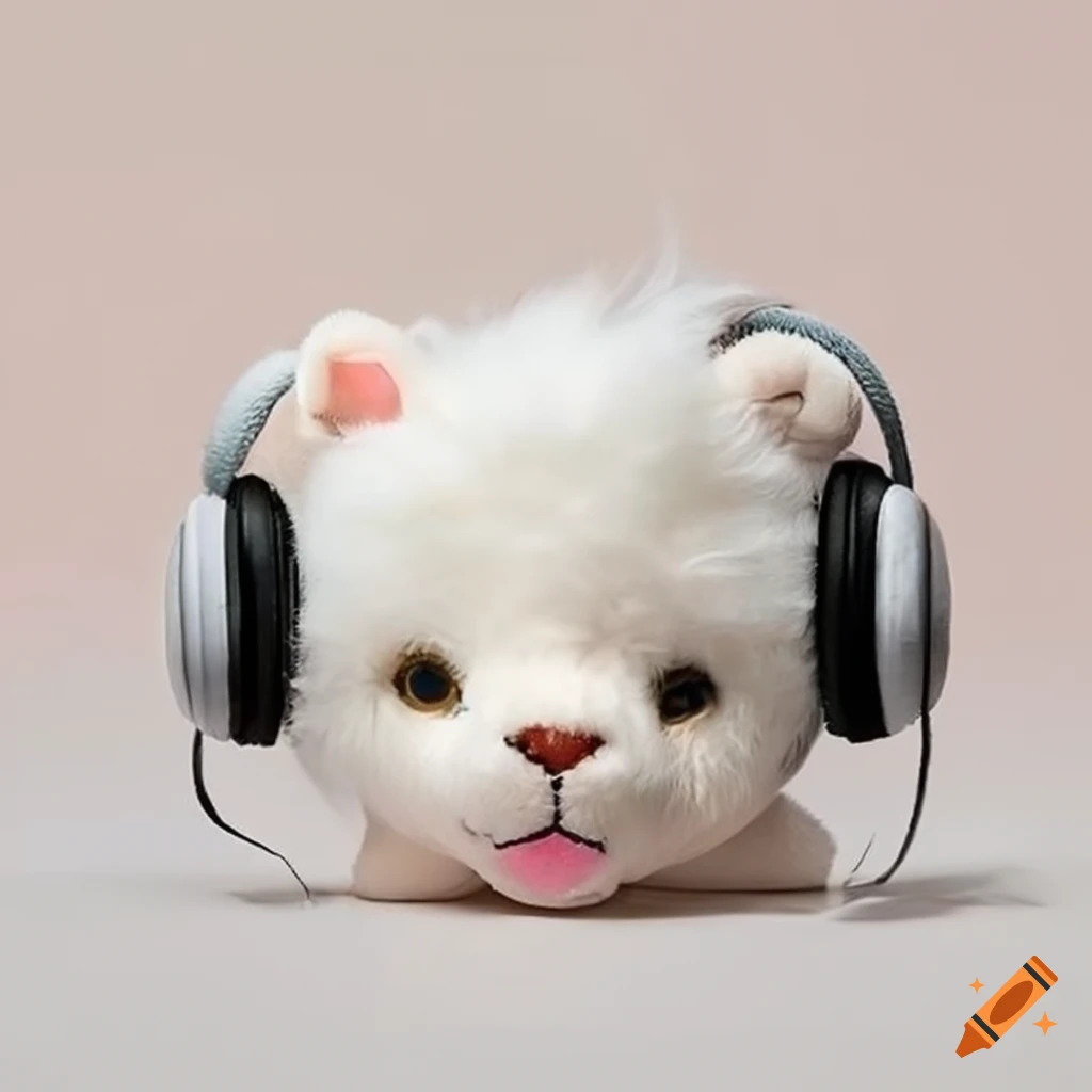 white plushy lion wearing headphones