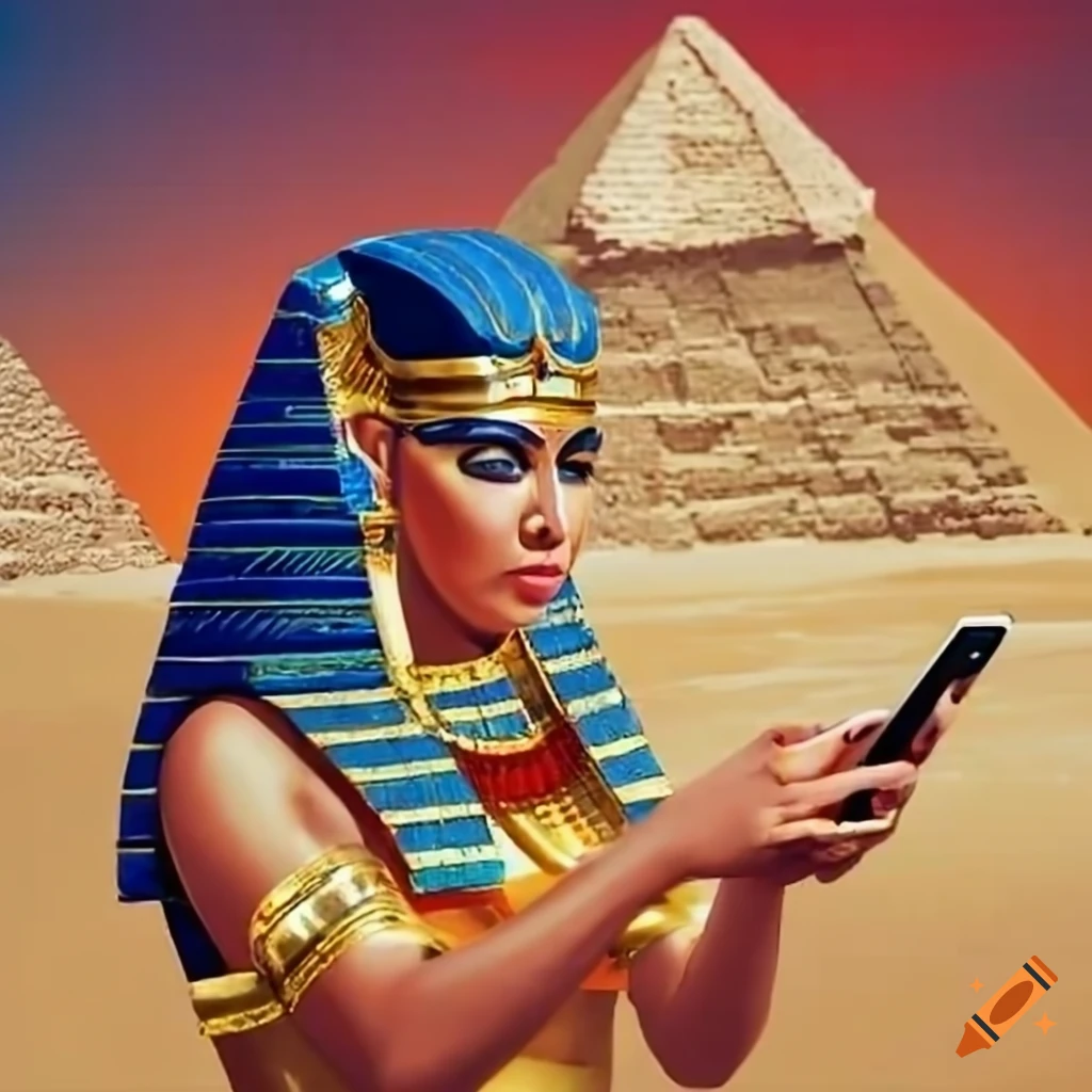 Cleopatra using a smartphone near the pyramid of Giza