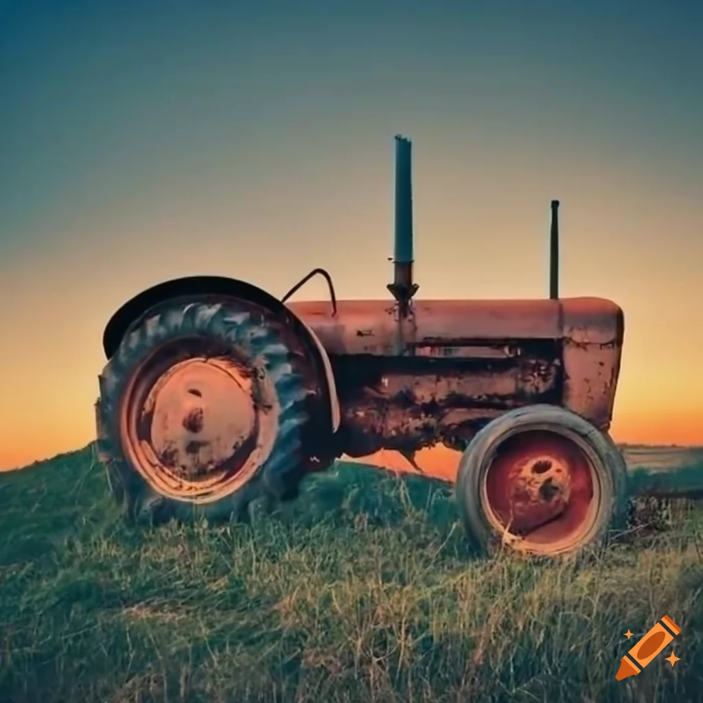 sunset view of an old tractor on a hill