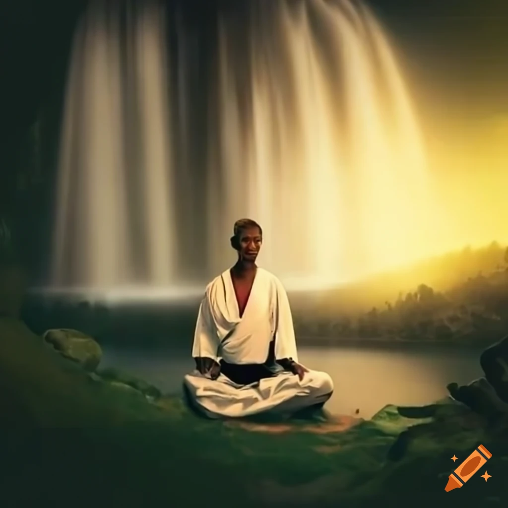 karate practitioner meditating near a waterfall