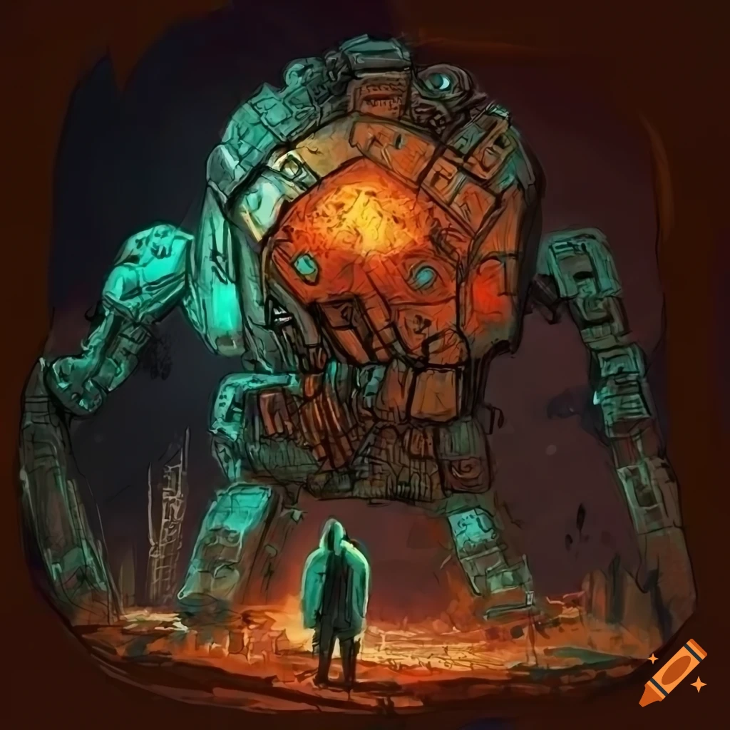 sketch art of a large mech overlooking a post-apocalyptic city