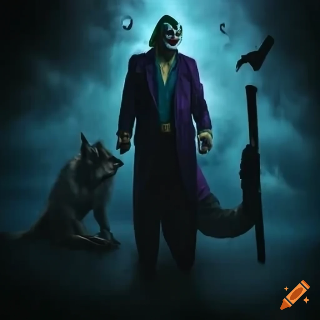 Joker holding a smoking wolf on a hockey background