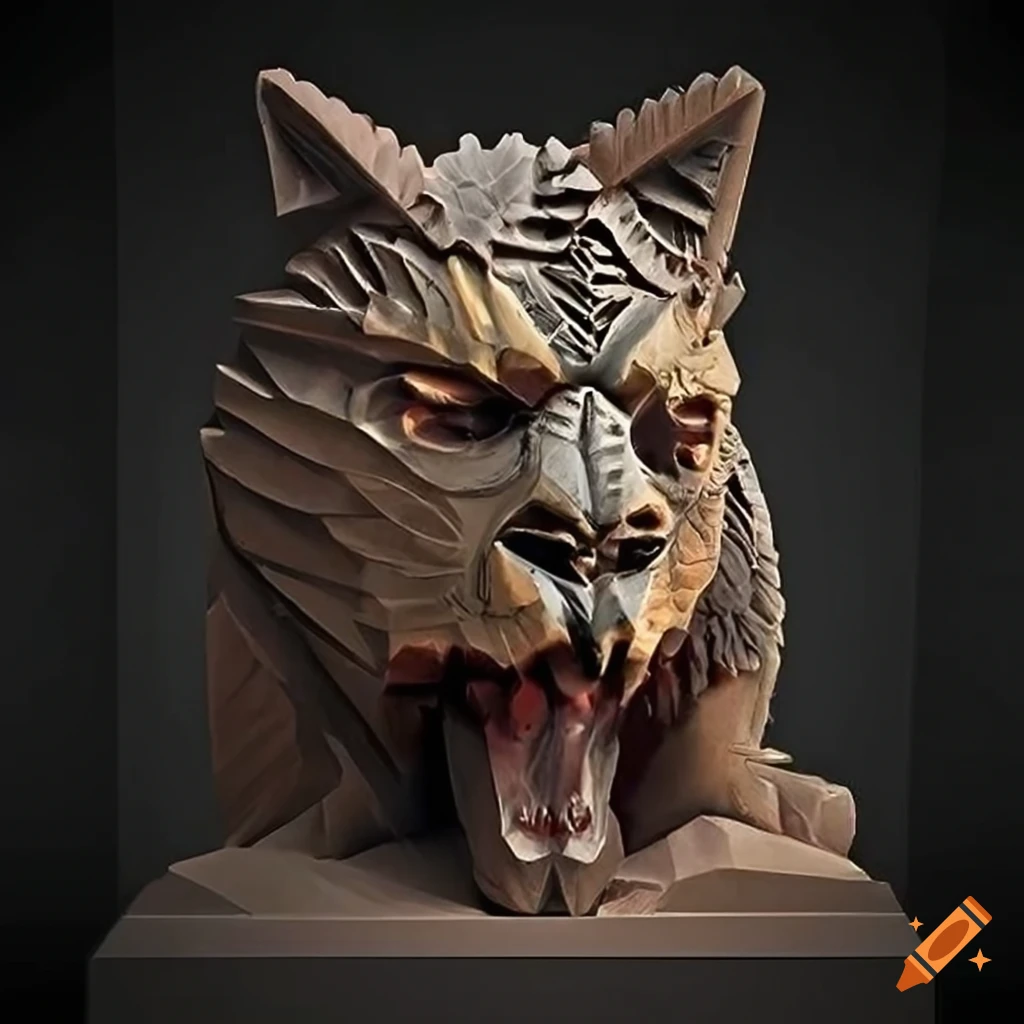 detailed carving with moth and werewolf motif