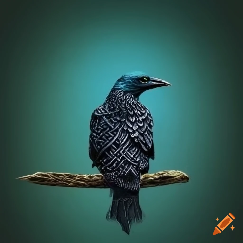 artwork of a Celtic crow in green, blue, and black gradient