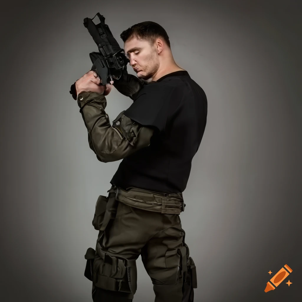 photo of a man in black tactical uniform holding a pistol