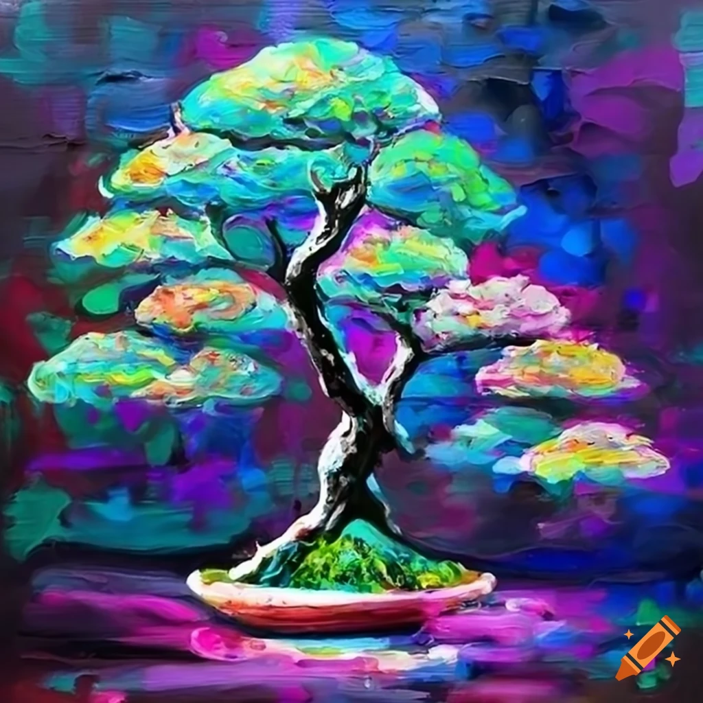 vibrant abstract painting of a bonsai tree
