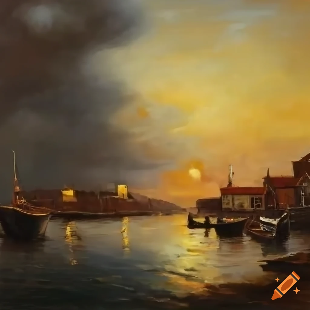 paysage brumeux port avec un bar de pêcheurs