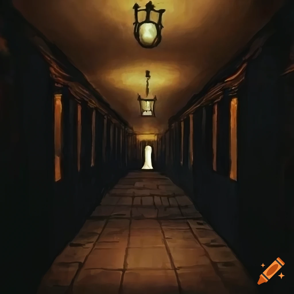 watercolor painting of a dimly lit hallway with rows of lamps