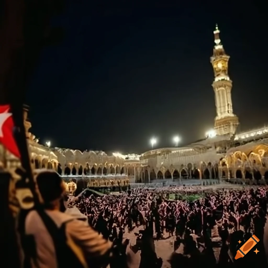 Turkish soldiers raising the flag during the conquest of Mecca