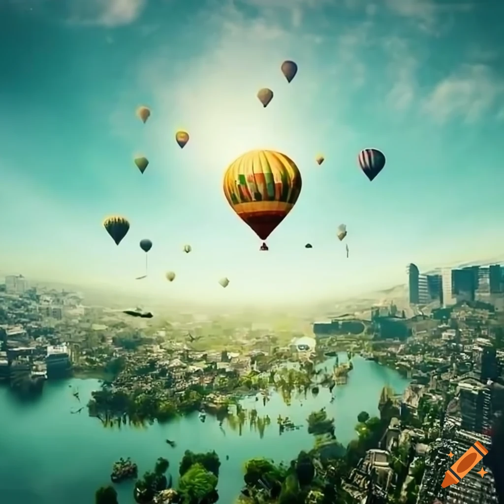 hot-air balloons rising over a solarpunk cityscape