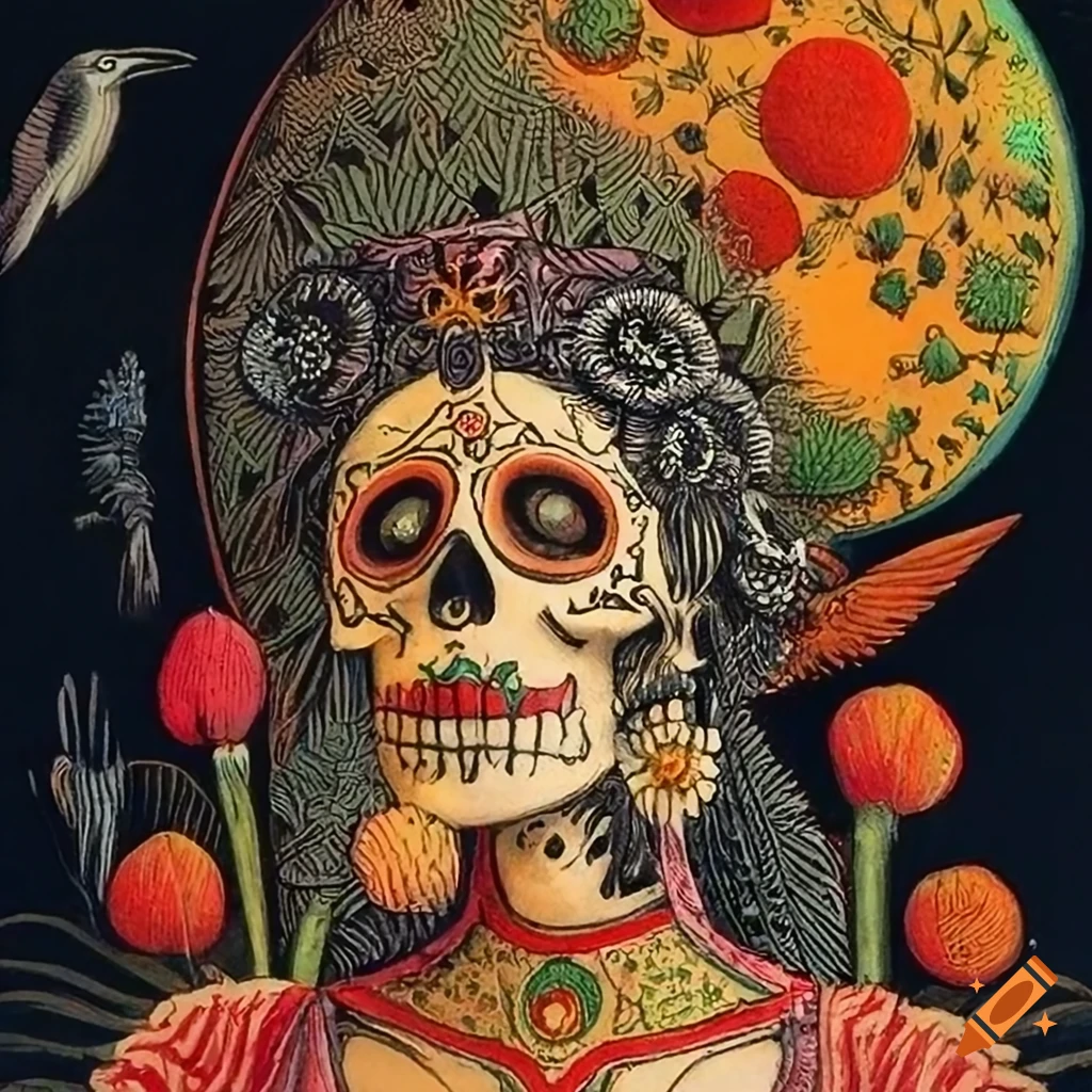 chromolithograph of a Santa Muerte tarot card with Catrina and ravens
