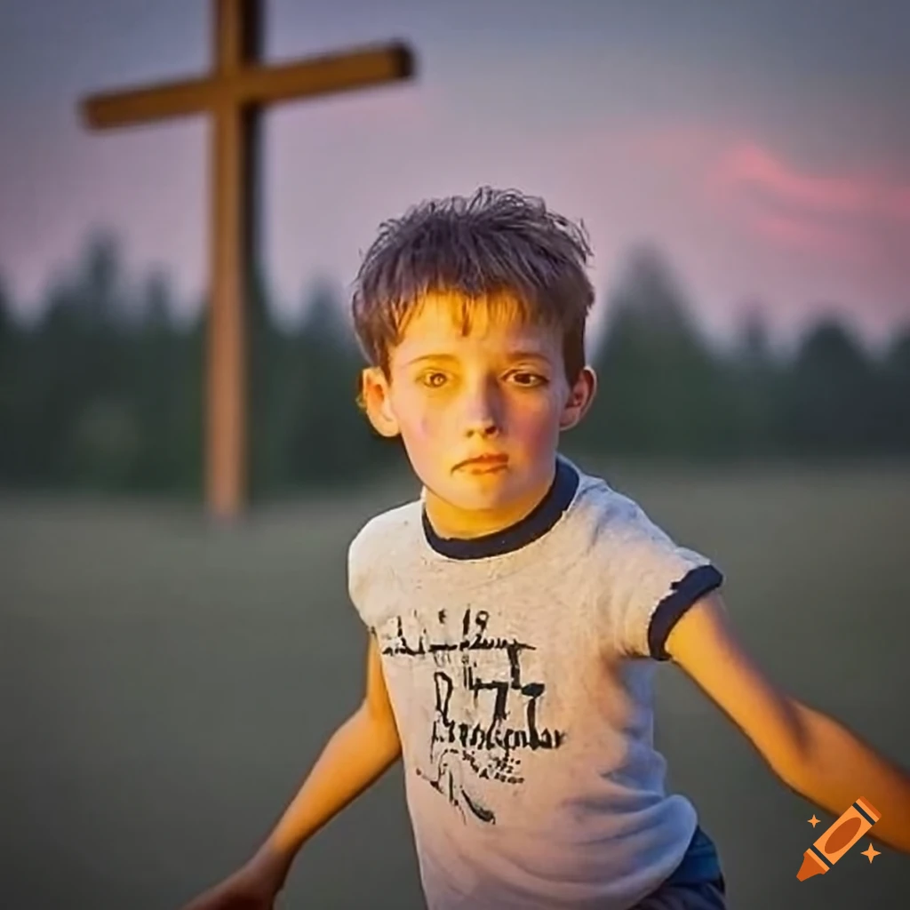 boy wearing a t-shirt with a religious cross symbol