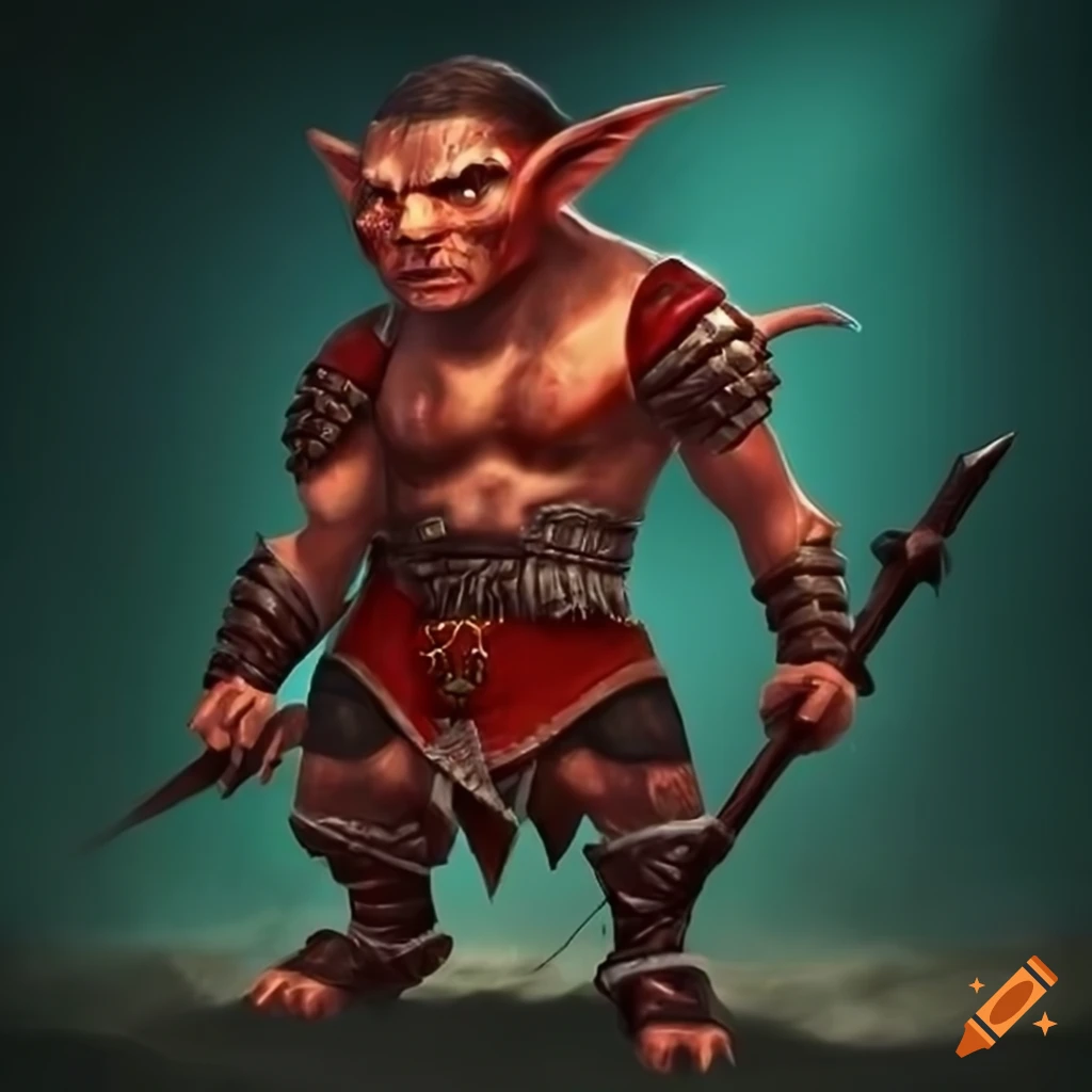 red goblin gladiator with long hunting spear