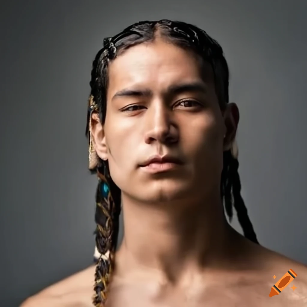 portrait of an Indigenous American man with braided hair and feathers