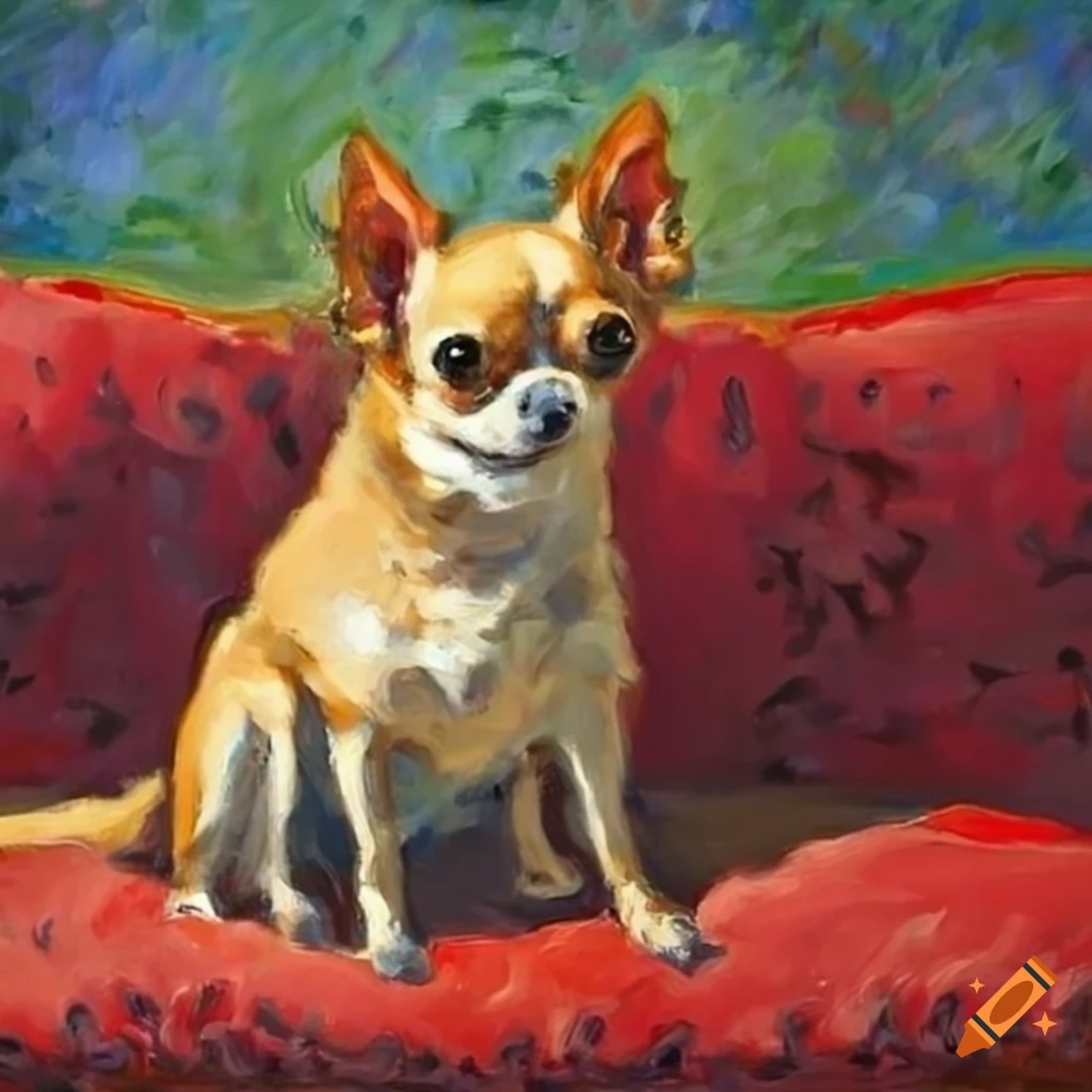 painting of a chihuahua on a red couch
