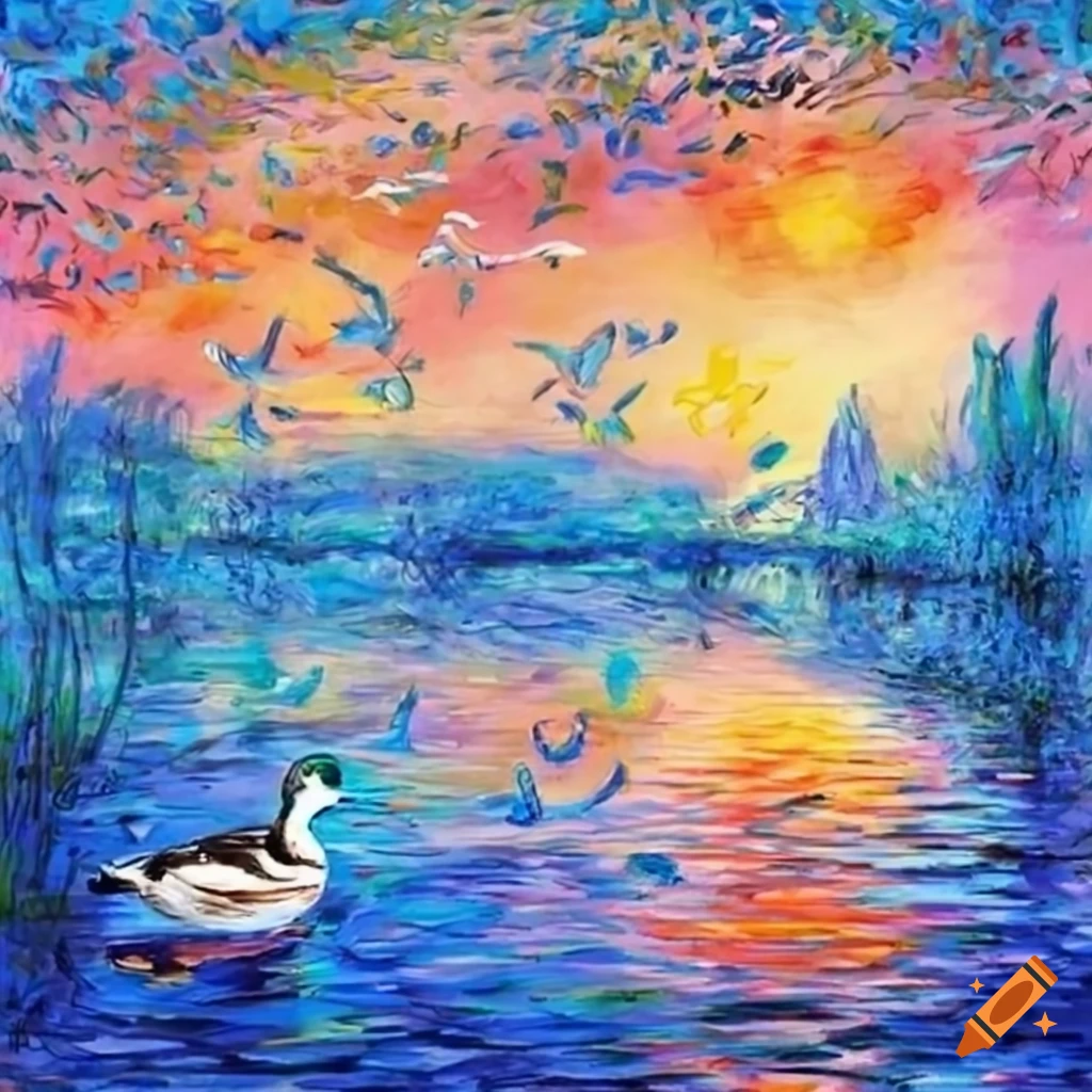 painting of a peaceful pond with birds and ducks in the style of Monet