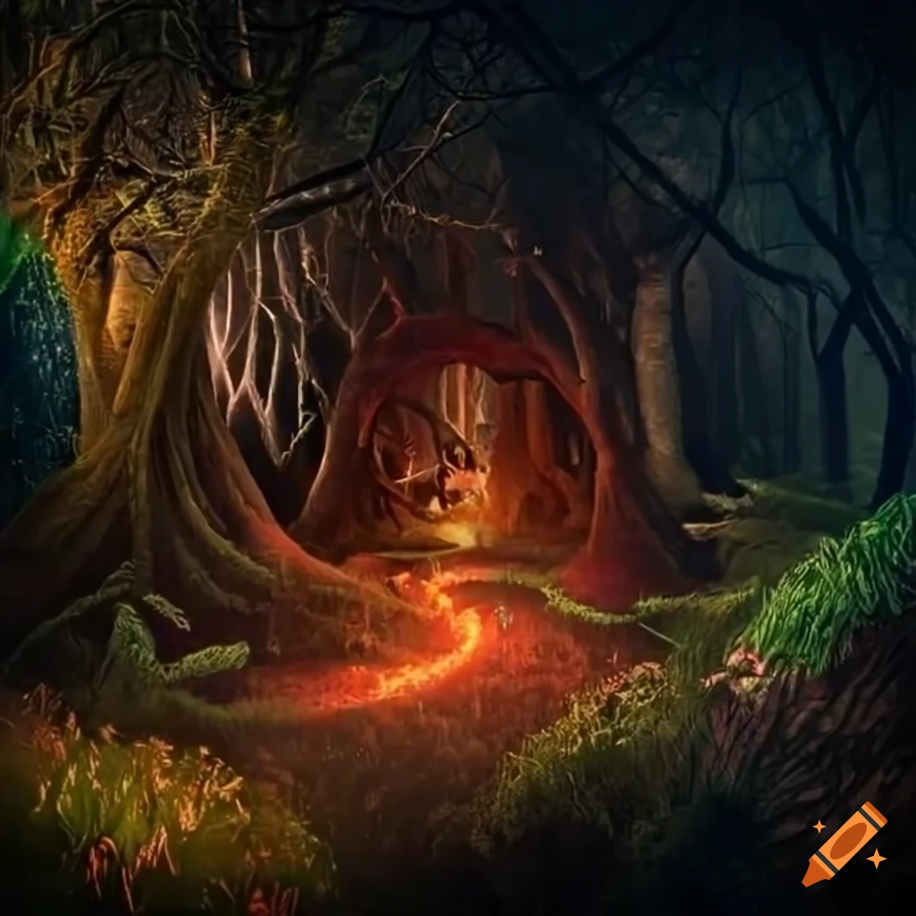 fantasy forest with glowing plants and animals