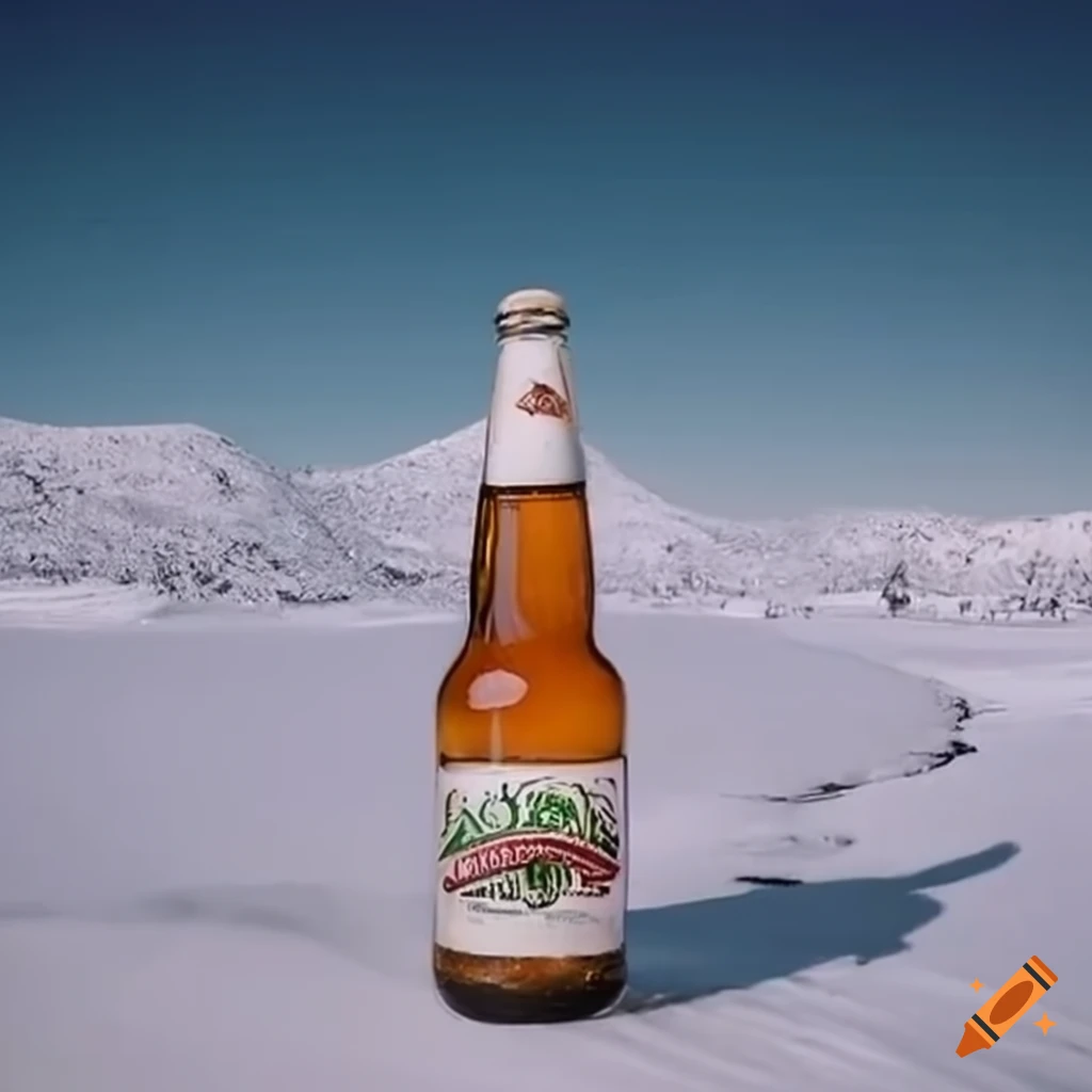 Krombacher beer bottle in icy landscapes