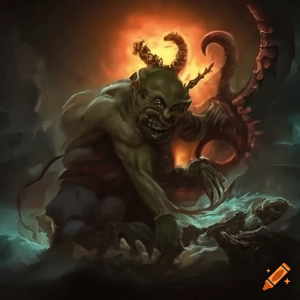 fantasy artwork: goblin vs kraken in a stormy night