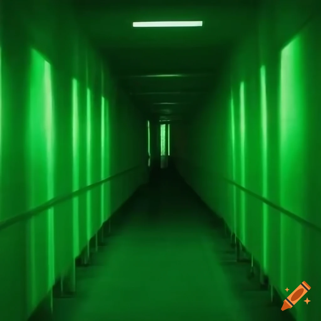 neon green hallway leading into darkness