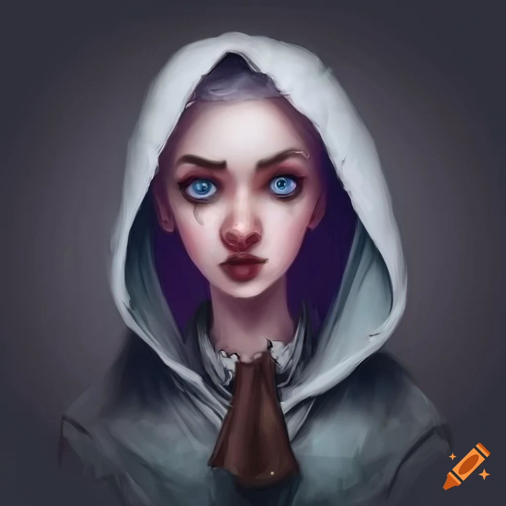 Image of a witch with a hood and white hair on craiyon