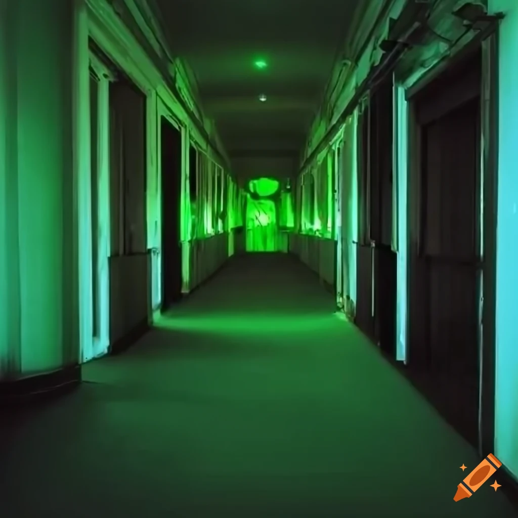 neon green hallway leading into darkness