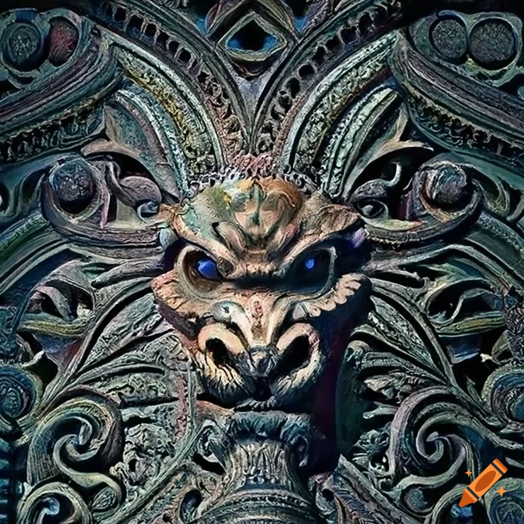detailed carving of a moth in architectural stave style