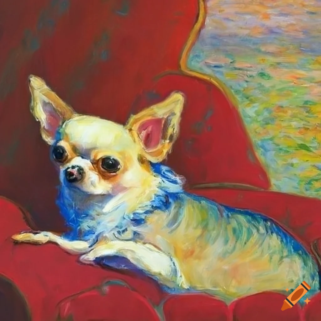 painting of a chihuahua on a red couch