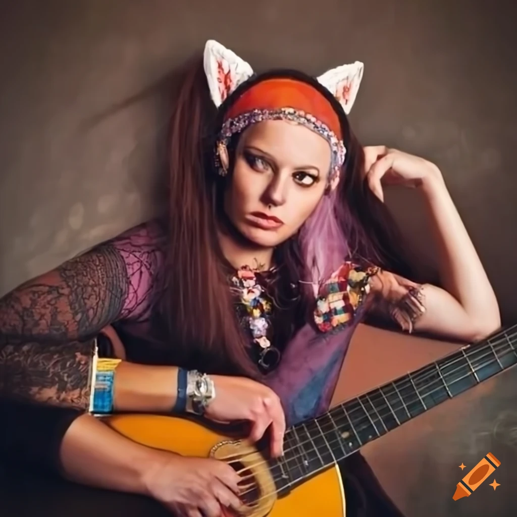hippie woman playing guitar with cat ear headband