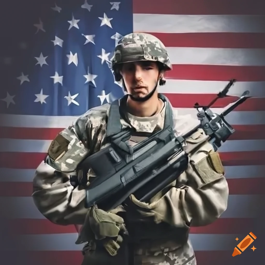 American soldier standing with American flag backdrop