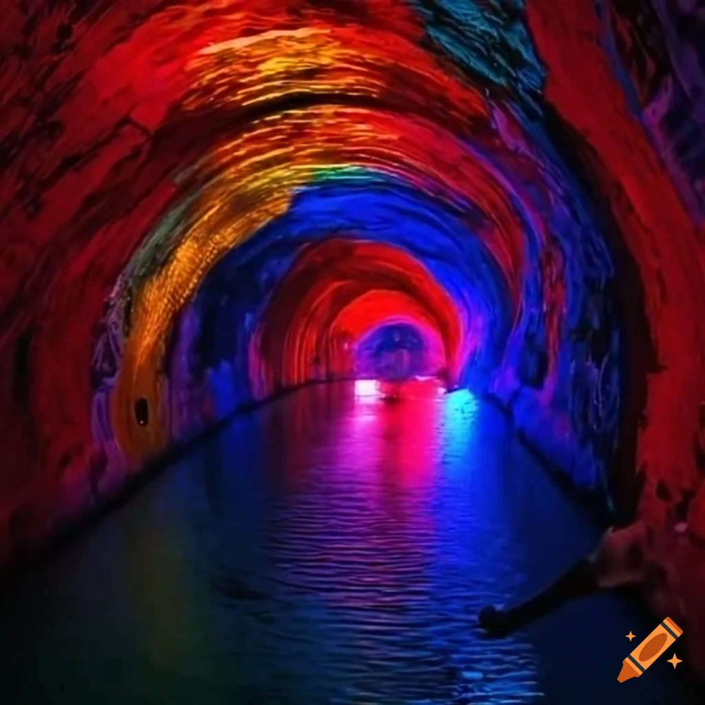 diver swimming through a colorfully lit tunnel